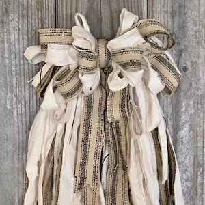 Rag Wreath Bow - Black, Beige, & Muslin - Grain Sack Bow - Wedding Farmhouse House Bow - Shabby Chic Bow - Rag Garland Bow - Rag Bow