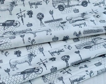 Farm Toile, Farmers Market Collection by Whistler Studios, Windham Fabrics - White 52765-1 Fabric by the Yd, 1/2 yd, 1/4 yd, & Fat Quarter