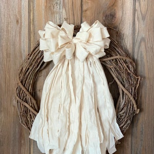 Wedding Rag Wreath Bow - Cream Rag Bow - Farmhouse Wedding Decor - Shabby Chic Bow - Rag Garland Bow - Wedding Garland Bow - Wedding Pew Bow