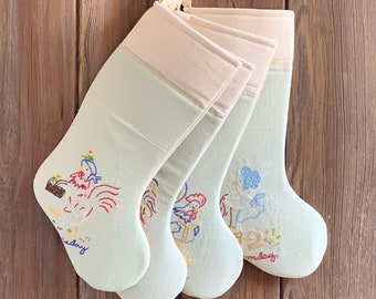 Vintage Linen Christmas Stocking - Chicken / Hens and Roosters - Farmhouse Christmas Stocking - Embroidered and Upcycled