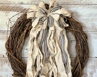 Rag Wreath Bow - Blue, Beige & Muslin - Grain Sack Bow - Wedding Farmhouse House Bow - Shabby Chic Bow - Rag Garland Bow - Christmas Rag Bow