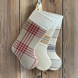 Reproduction Grain Sack Christmas Stocking - Ranch Style Stocking - Farmhouse Christmas Style - Horizontal Black, Mustard, Stripe, Red Plaid