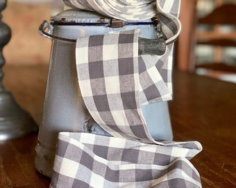 Gray and Cream Plaid Ribbon - 3" Wide - DOUBLE Thickness Fabric Ribbon - Tree Garland - Available in 4 3/4 yards or 9 yards Length