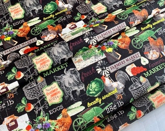 Farmers Market, Farmers Market Coll. by Whistler Studios, Windham Fabrics - Black 52764-2 Fabric by the Yd, 1/2 yd, 1/4 yd, & Fat Quarter