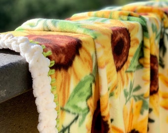 Sunflower Blanket Lux Fleece Throw - Soft Crochet Edge - Gardener Gift - Teacher Gift  - Mother’s Day Gift - Large to Baby -  Personalize
