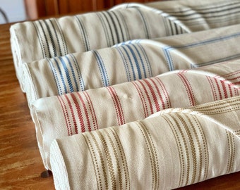 Grain Sack Style Upholstery Fabric - Feed Sack Ticking Style - Farmhouse Style - Blue, Red, Black, Gold Flax Stripes on Cream - 56" Wide