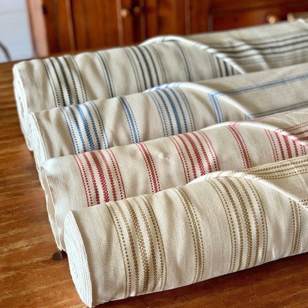 Grain Sack Style Upholstery Fabric - Feed Sack Ticking Style - Farmhouse Style - Blue, Red, Black, Gold Flax Stripes on Cream - 56" Wide