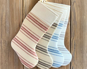 Reproduction Grain Sack Christmas Stocking - Ranch Style Stocking - Farmhouse Christmas Style - Horizontal Black, Red, Gray, or Blue Stripes