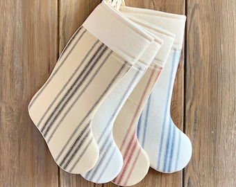 Reproduction Grain Sack Christmas Stocking -  Ranch Style Stocking - Farmhouse Christmas Style - Vertical Black, Red, Gray, or Blue Stripes