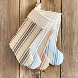 Reproduction Grain Sack Christmas Stocking -  Ranch Style Stocking - Farmhouse Christmas Style - Vertical Black, Red, Gray, or Blue Stripes