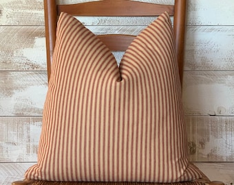 Red and Beige Ticking Pillow - 20x20 18x18 All Sizes - Farmhouse Style - Square and Rectangle - Down Feather Insert - Zipper Enclosure
