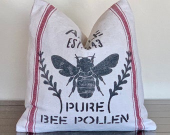 Grain Sack Bee Pollen Pillow - Farm Feed Sack Design - 16 x 16 - Optional Down Feather Insert - Bee Farmer Gift - Bee Decor Zipper Enclosure
