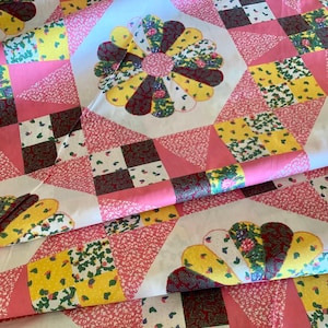 Cheater Quilt Top - 90” szerokości Calico Dresden - szeroki tył - 100% bawełny - cięte na wymiar lub pół jarda - różowy i żółty
