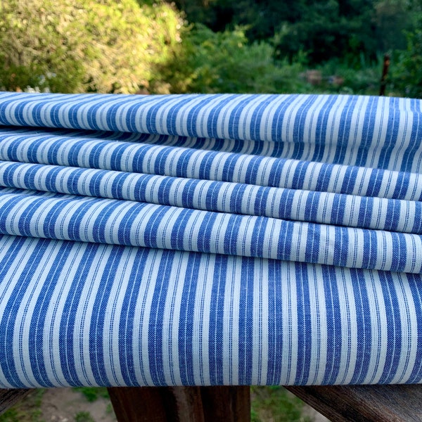 Homespun Ticking Fabric - Blue Stripe Ticking Fabric - Primitive Ticking Fabric - Cotton Homespun Fabric - Woven Ticking Fabric- Blue Stripe