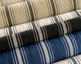 Sacco di grano pesante Tessuto stile fattoria - Peso della tappezzeria - Strisce nere, marrone chiaro, bianche, blu -54"Taglio largo su misura o fasci di tessuto