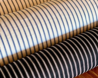 Tecido de estofamento com peso de tique-taque - 100% algodão - Tecido estilo fazenda - Listras brancas, pretas e azul-marinho - 54" de largura