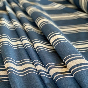 Heavy Weight Grain Sack Style Fabric - Upholstery Weight - Farmhouse Style - White stripes on Blue / Navy - 54"Wide - by the Yard