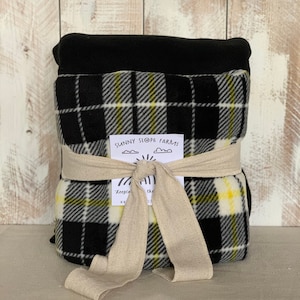 Personalized No Sew Knot Tie Fleece Blanket Throw Kit - Plaid Blanket - Tie Blanket- Black, White, Yellow Plaid - Personalize with Name
