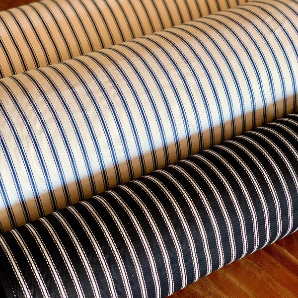 Ticking Upholstery Weight Fabric- Woven 100% Cotton - Farmhouse Style Fabric - White, Black, and Navy Stripe - 54" Wide