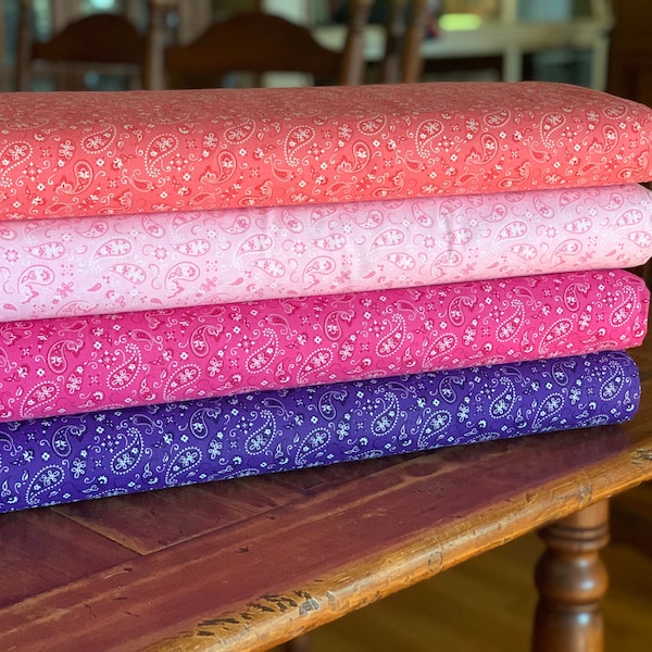 Bandana Paisley Fabric Collection - Purple Pink Light Pink Coral Light Orange - 100% Cotton - By the Yard or Fat Quarter - 44" Wide -Bandana