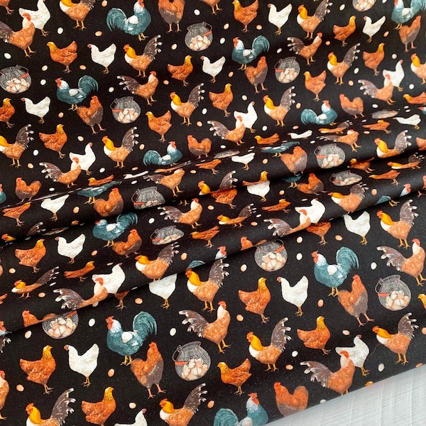Chickens, Farmers Market Collection by Whistler Studios & Windham Fabrics - Black 52766-2 Fabric by the Yd, 1/2 yd, 1/4 yd, and Fat Quarter