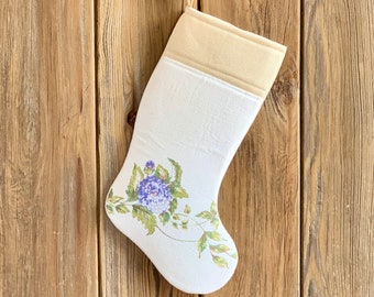 Vintage Linen Christmas Stocking - Upcycled Stocking Floral on Off-White Background - Farmhouse Christmas Stocking