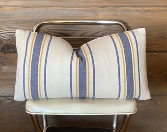 Grain Sack Pillow, Farmhouse Cottage Feed Sack Style - Yellow & Blue Stripe - 20x20 18X18 Square and Lumbar - Down Insert - Zipper Enclosure