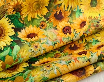 Field of Sunflowers Cotton Fabric Available by the Yard, 1/2 yard, 1/4 yard, and Fat Quarter - Sunflowers and Green Leaves