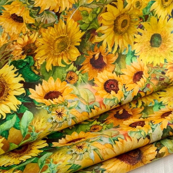 Field of Sunflowers Cotton Fabric Available by the Yard, 1/2 yard, 1/4 yard, and Fat Quarter - Sunflowers and Green Leaves