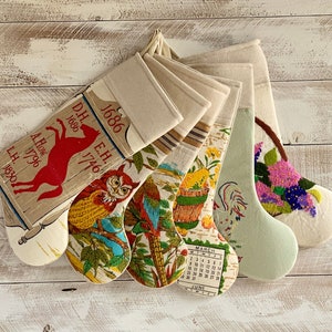 Vintage Linen Christmas Stocking - Farmhouse Christmas Stocking - Cutter Quilt Christmas Stocking - Feedsack Christmas Stocking