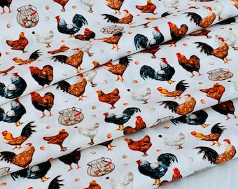 Chickens, Farmers Market Collection by Whistler Studios & Windham Fabrics - White 52766-1 Fabric by the Yd, 1/2 yd, 1/4 yd, and Fat Quarter