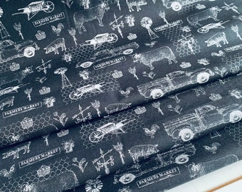 Farm Toile, Farmers Market Collection by Whistler Studios, Windham Fabrics - Black 52765-2 Fabric by the Yd, 1/2 yd, 1/4 yd, & Fat Quarter