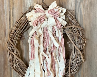 Rag Wreath Bow - Red, Beige, & Muslin - Grain Sack Bow - Wedding Farmhouse House Bow - Shabby Chic Bow - Rag Garland Bow - Christmas Rag Bow