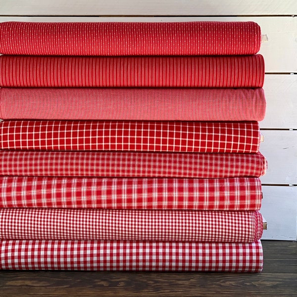 Homespun Red and Off-White Plaid Stripes Gingham and Check Collection - Primitive Homespun Cotton Fabric 1/8" Check - 1/4" Check - 1/2"Check