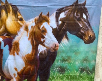 Three Horses in the Pasture Fabric Panel - Cotton 36" x 44"