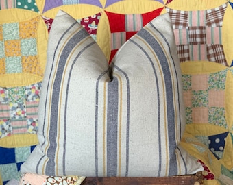 Grain Sack Pillow, Farmhouse Cottage Feed Sack Style - Yellow & Blue Stripe - 20x20 18X18 Square and Lumbar - Down Insert - Zipper Enclosure
