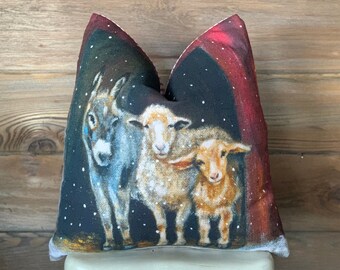 Sheep, Lamb, and Donkey in the Barn Christmas Pillow , Farmhouse Cottage Style - 20x20 Optional Down Insert - Zipper Enclosure