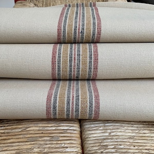 Grain Sack Fabric by the Yard - Ticking Fabric - French Country - Cottage Farmhouse Style - Blue Red  & Mustard Yellow Stripes -20&quot;  Wide