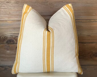 Grain Sack Pillow - Farmhouse Cottage Feed Sack Style - Yellow Stripe - 20x20 18X18 Square and Lumbar - Down Insert - Zipper Enclosure