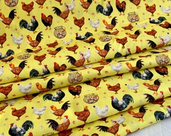 Chickens, Farmers Market Collection by Whistler Studios & Windham Fabrics - Yellow 52766-4 Fabric by the Yd, 1/2 yd, 1/4 yd, and Fat Quarter