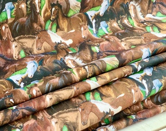 Horse Stampede All Around Horses Cotton Fabric Available by the Yard, 1/2 yard, 1/4 yard, and Fat Quarter - Herd of Horses in Green Pasture