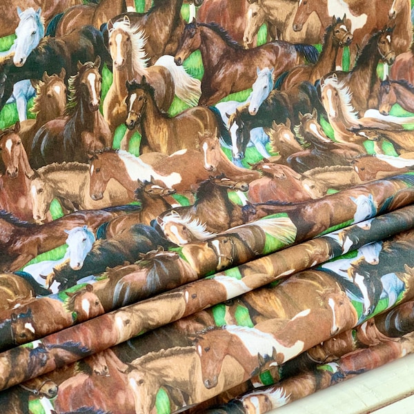 Horse Stampede All Around Horses Cotton Fabric Available by the Yard, 1/2 yard, 1/4 yard, and Fat Quarter - Herd of Horses in Green Pasture