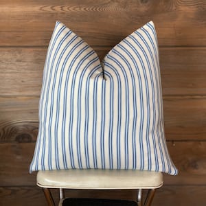 Blue Stripe Ticking Pillow Cover - Farmhouse Lumbar - Ticking Lumbar - Ticking Throw - Zipper - Feather/Down Insert - 23 Sizes Available