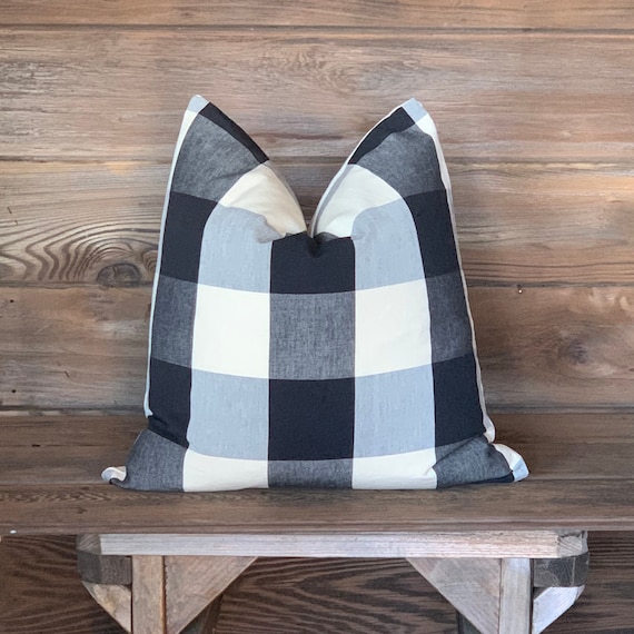 Black Buffalo Plaid Pillow Cover - Black Check Pillow Cover - Large Check Pattern Upholstery Grade Fabric Throw, Zipper, Feather/Down Insert