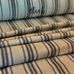 Grain Sack Fabric - Feed Sack Fabric - Ticking Fabric - Our EXCLUSIVE Fabric - Farmhouse Style - Black Stripes on Beige/Light Brown -63&quot;Wide