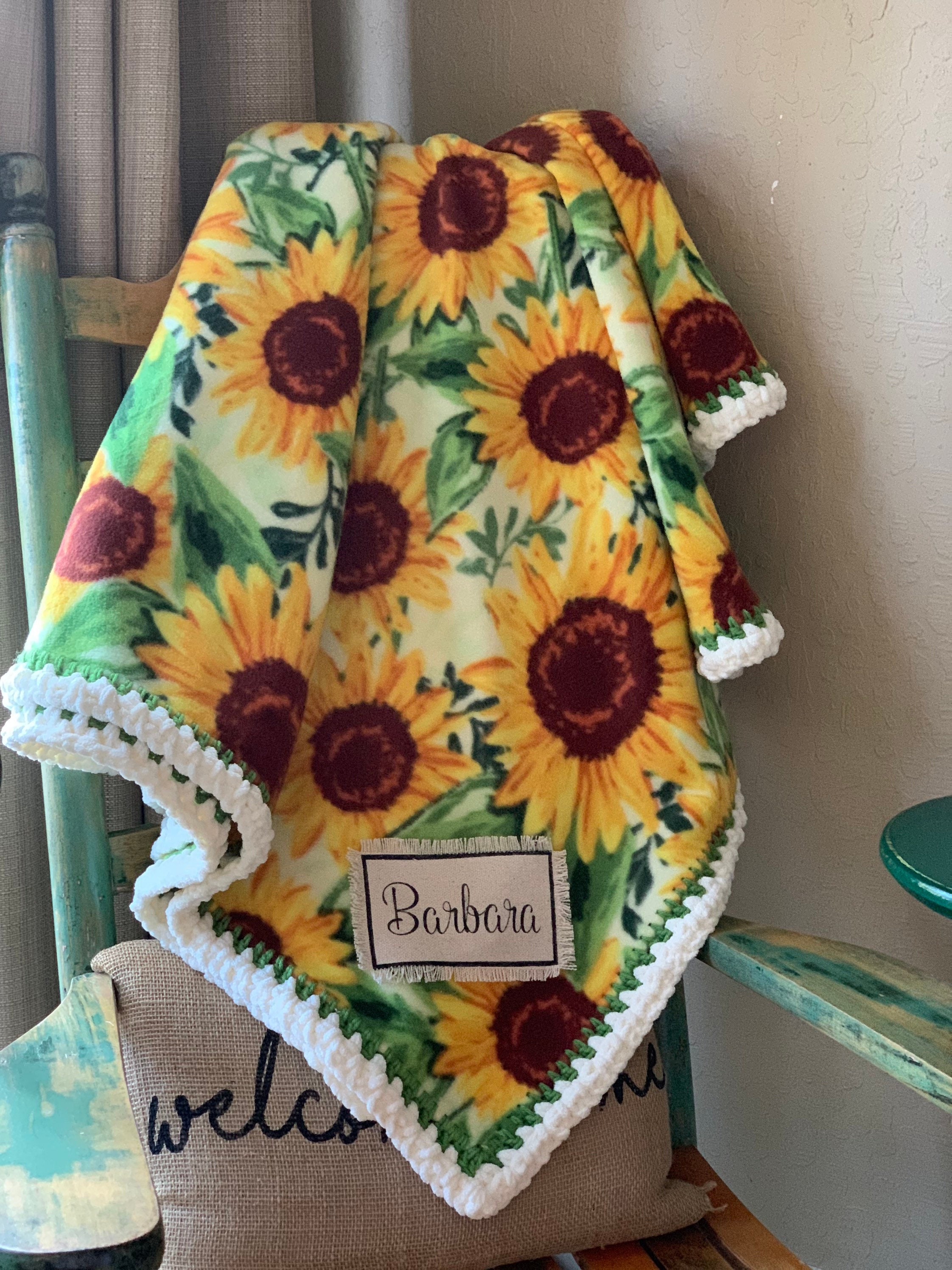 Sunflower Blanket Lux Fleece Throw Soft Crochet Edge Etsy