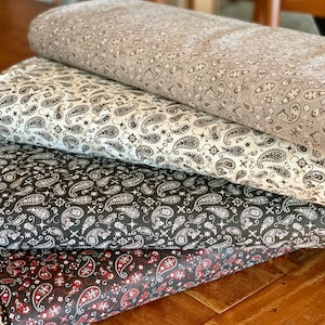 Bandana Paisley Fabric Collection - Black Red Gray White - 100% Cotton - By the Yard, fat quarter - Bandana Fabric - Paisley Fabric