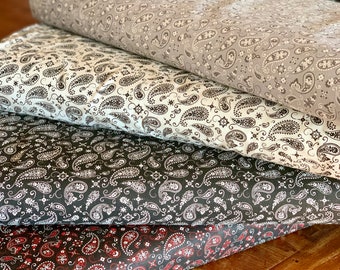 Bandana Paisley Fabric Collection - Black Red Gray White - 100% Cotton - By the Yard, fat quarter - Bandana Fabric - Paisley Fabric