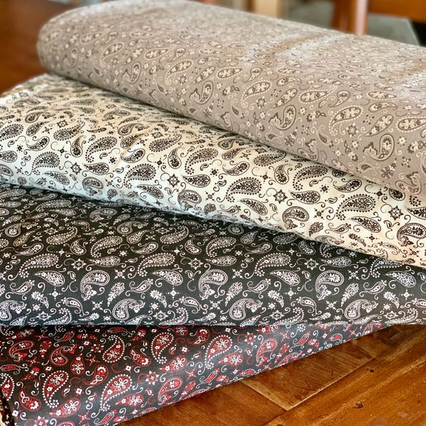 Bandana Paisley Fabric Collection - Black Red Gray White - 100% Cotton - By the Yard, fat quarter - Bandana Fabric - Paisley Fabric