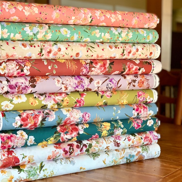 NEW Wildflowers Fabric Collection designed by Kelly Ventura for Windham Fabrics - Floral Fabric - Coral Midnight Cinnabar Teal Almond Olive